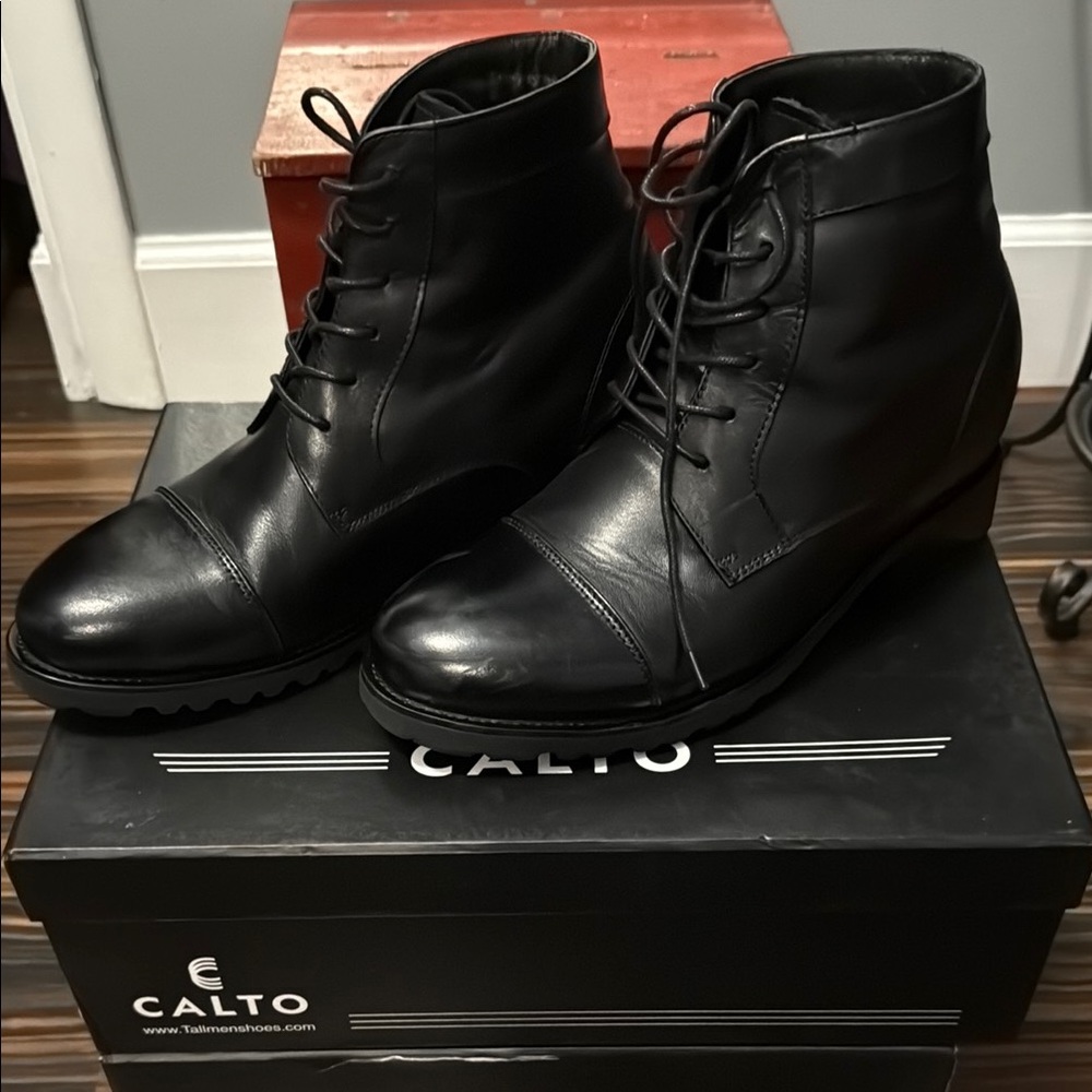 Calto Black Leather Boots 3.6 inch height boost